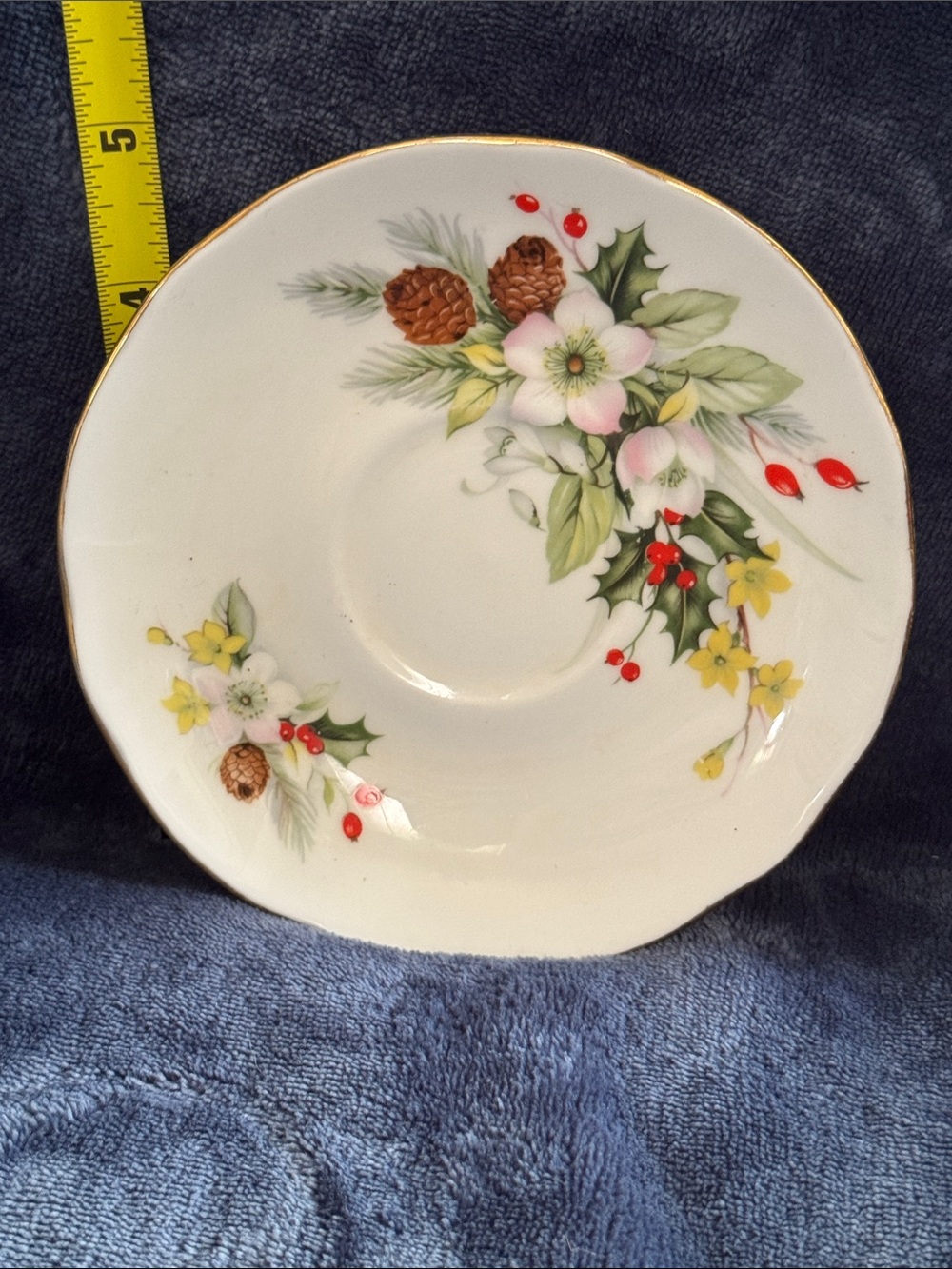 Holiday Floral China Saucer in White with Green and Red Accents